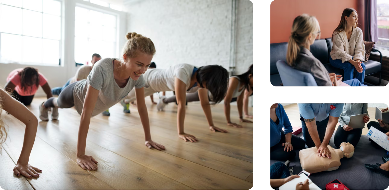 Activités de groupe dédiées à la santé et au bien-être, incluant sport, relaxation et formation aux gestes de premiers secours.